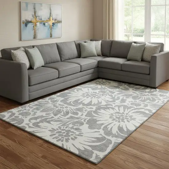 Gray And Ivory Floral Washable Area Rug With UV Protection Photo 1