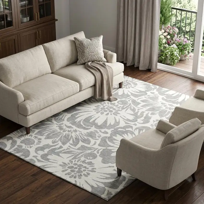 Gray And Ivory Floral Washable Area Rug With UV Protection Photo 1