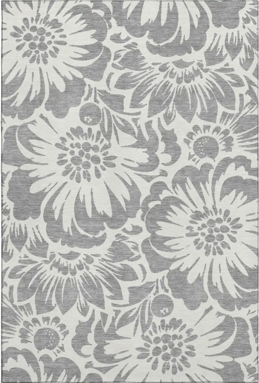 Gray And Ivory Floral Washable Area Rug With UV Protection Photo 1
