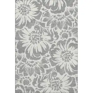 Photo of Gray And Ivory Floral Washable Area Rug With UV Protection