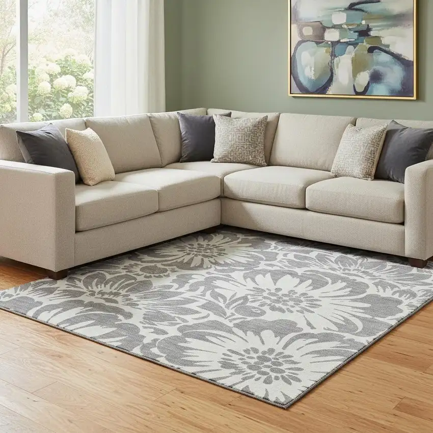 Gray And Ivory Floral Washable Area Rug With UV Protection Photo 1