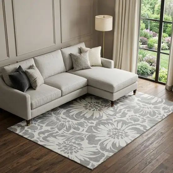 Gray And Ivory Floral Washable Area Rug With UV Protection Photo 1