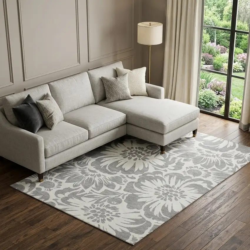 Gray And Ivory Floral Washable Area Rug With UV Protection Photo 1