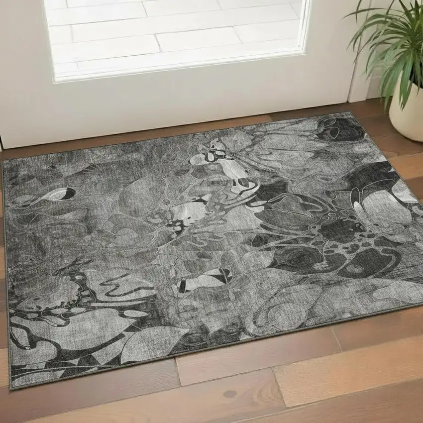 Gray And Ivory Floral Washable Area Rug With UV Protection Photo 1