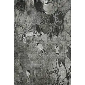 Photo of Gray And Ivory Floral Washable Area Rug With UV Protection
