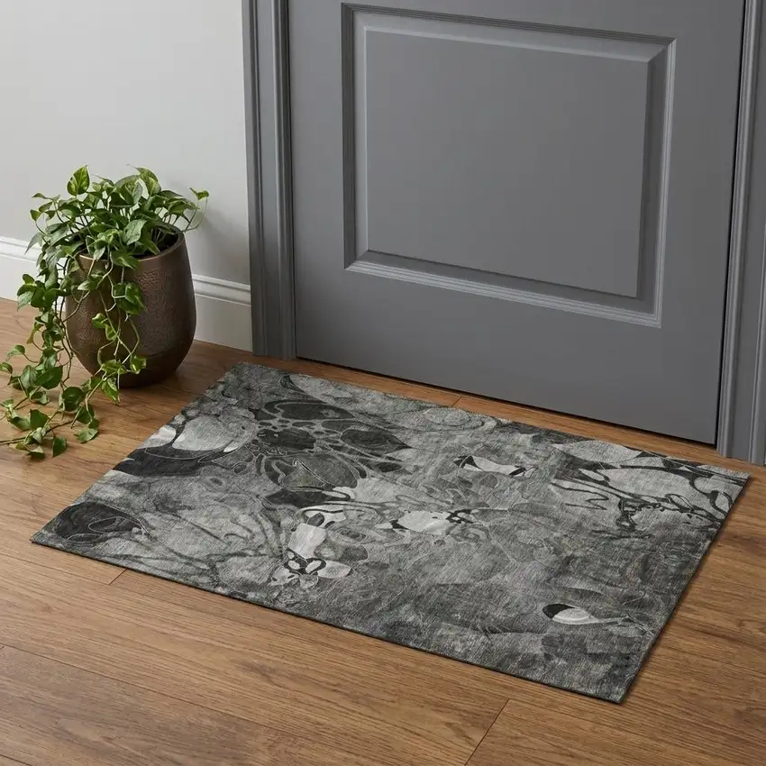 Gray And Ivory Abstract Distressed Washable Area Rug With UV Protection Photo 1