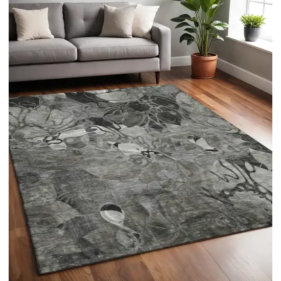 Gray And Ivory Floral Washable Area Rug With UV Protection Photo 2