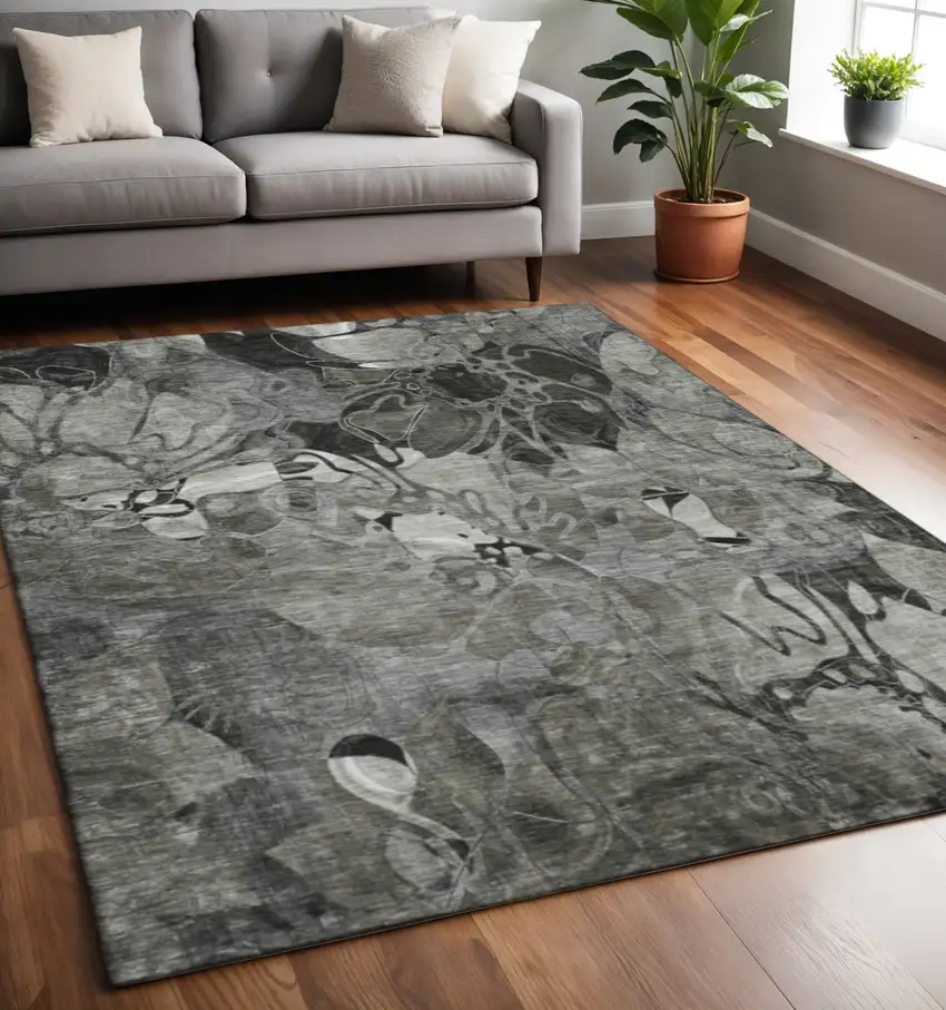 Gray And Ivory Floral Washable Area Rug With UV Protection Photo 2