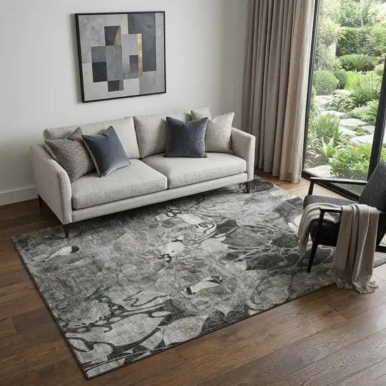 Gray And Ivory Abstract Distressed Washable Area Rug With UV Protection Photo 1