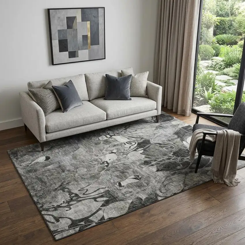 Gray And Ivory Abstract Distressed Washable Area Rug With UV Protection Photo 1