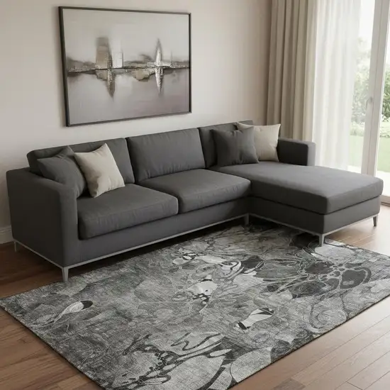 Gray And Ivory Floral Washable Area Rug With UV Protection Photo 1