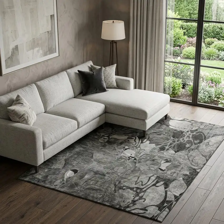 Gray And Ivory Abstract Distressed Washable Area Rug With UV Protection Photo 1