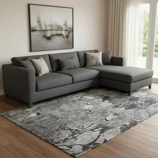 Gray And Ivory Floral Washable Area Rug With UV Protection Photo 1