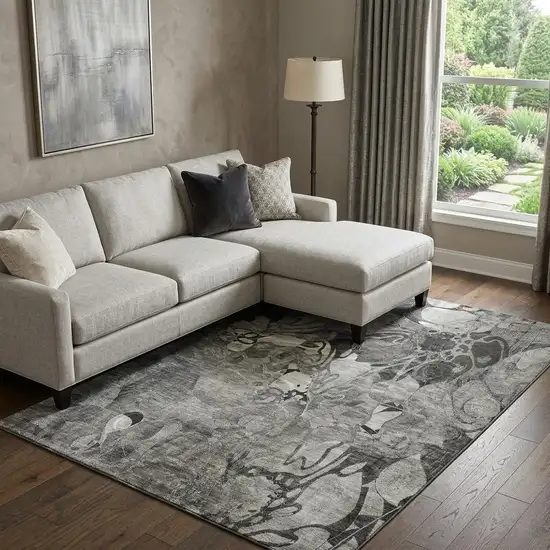 Gray And Ivory Abstract Distressed Washable Area Rug With UV Protection Photo 1