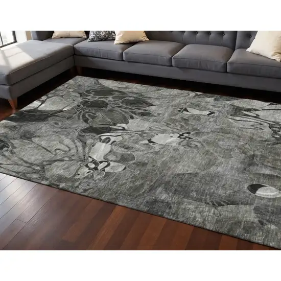 Gray And Ivory Floral Washable Area Rug With UV Protection Photo 2