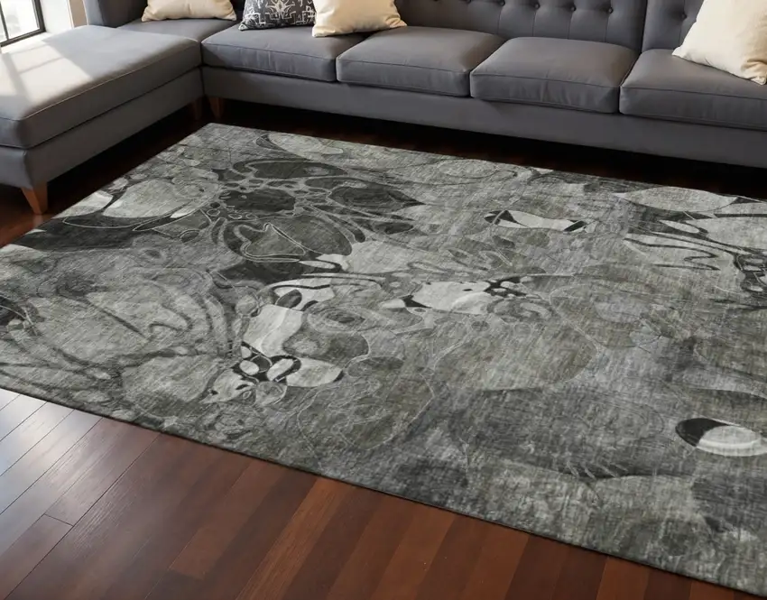 Gray And Ivory Floral Washable Area Rug With UV Protection Photo 2