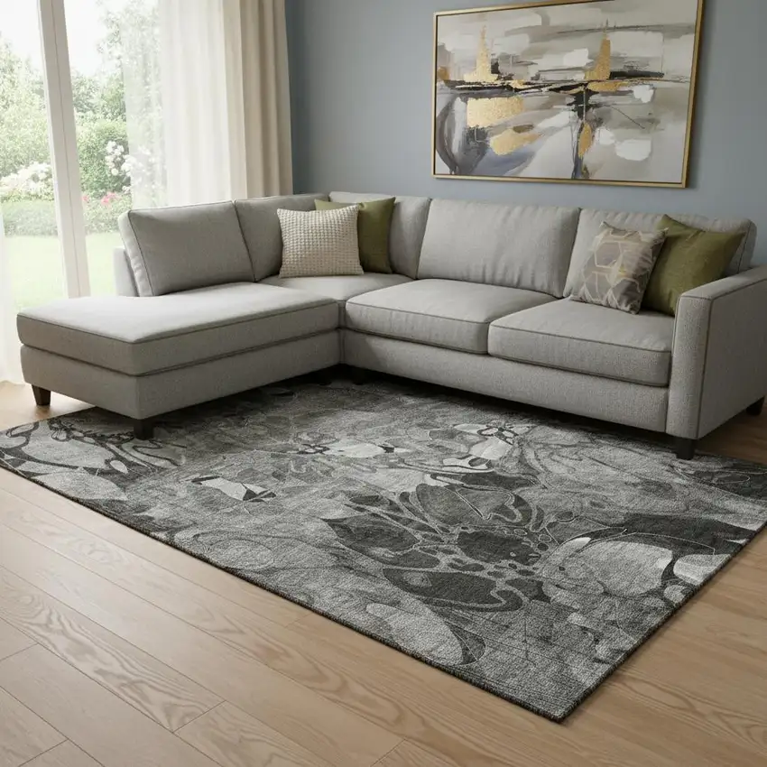 Gray And Ivory Floral Washable Area Rug With UV Protection Photo 1