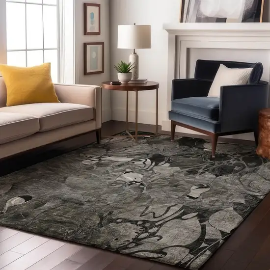 Gray And Ivory Floral Washable Area Rug With UV Protection Photo 5