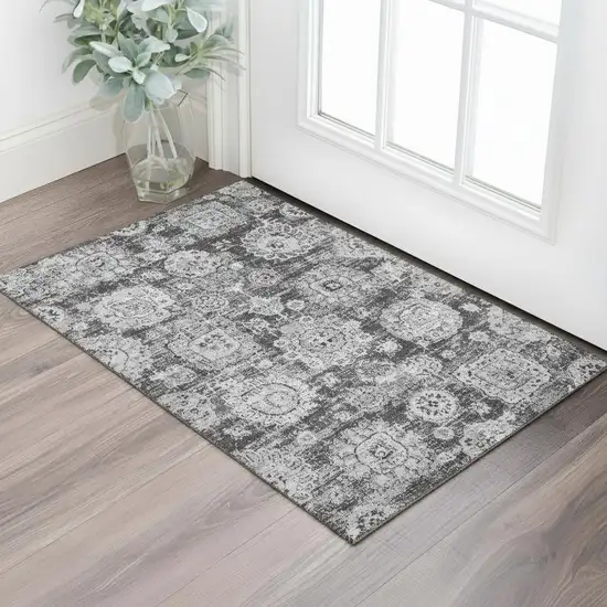 Gray And Ivory Floral Washable Area Rug With UV Protection Photo 1