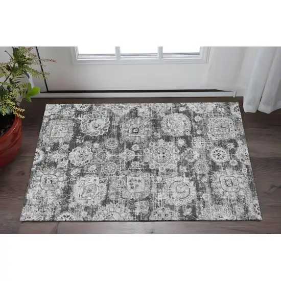 Gray And Ivory Floral Washable Area Rug With UV Protection Photo 2