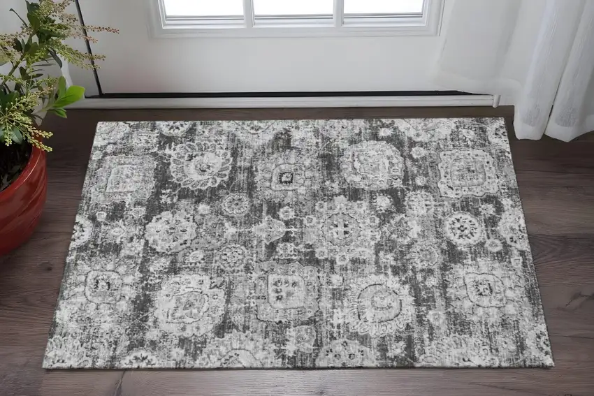 Gray And Ivory Floral Washable Area Rug With UV Protection Photo 2
