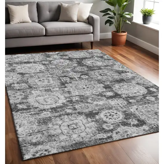 Gray And Ivory Floral Washable Area Rug With UV Protection Photo 2