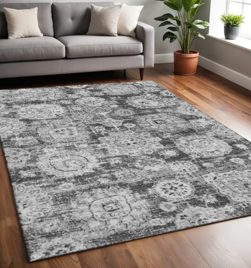Gray And Ivory Floral Washable Area Rug With UV Protection Photo 2