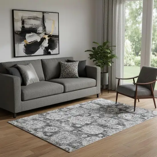 Gray And Ivory Floral Washable Area Rug With UV Protection Photo 1