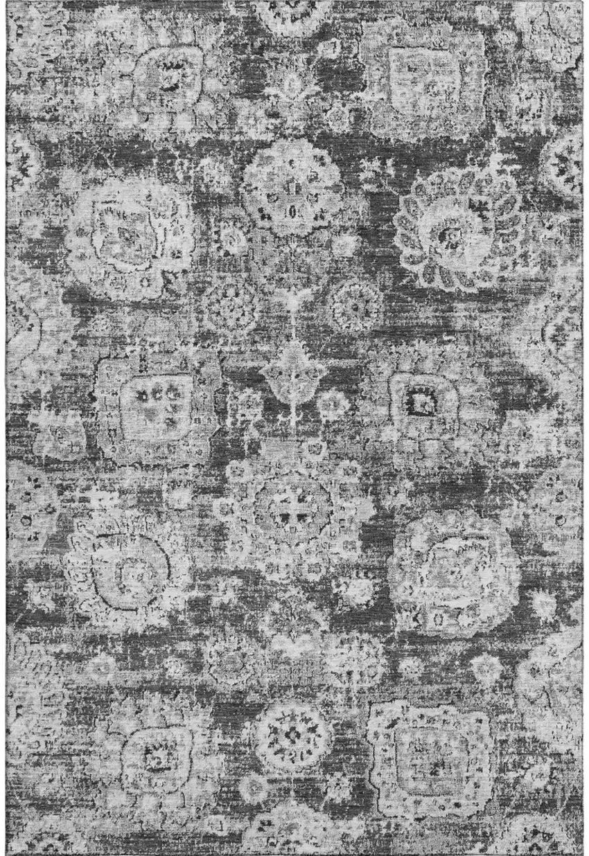 Gray And Ivory Floral Washable Area Rug With UV Protection Photo 1