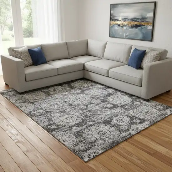 Gray And Ivory Floral Washable Area Rug With UV Protection Photo 1