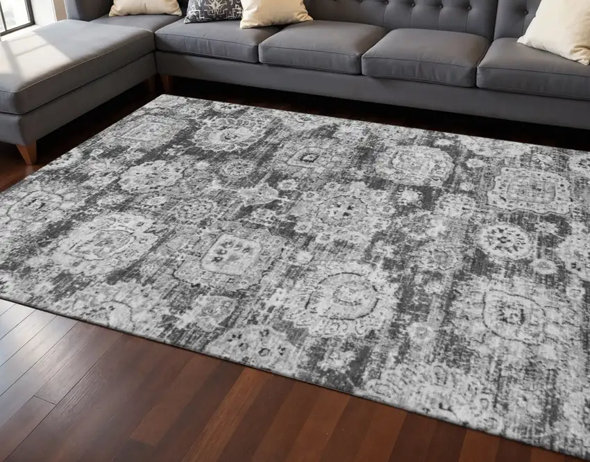 Gray And Ivory Floral Washable Area Rug With UV Protection Photo 2