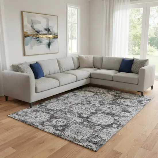 Gray And Ivory Floral Washable Area Rug With UV Protection Photo 1