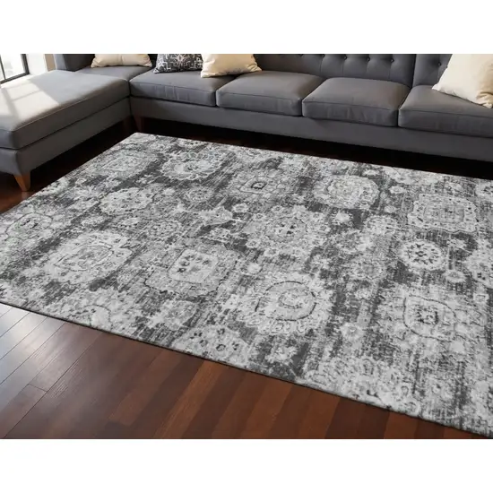 Gray And Ivory Floral Washable Area Rug With UV Protection Photo 2