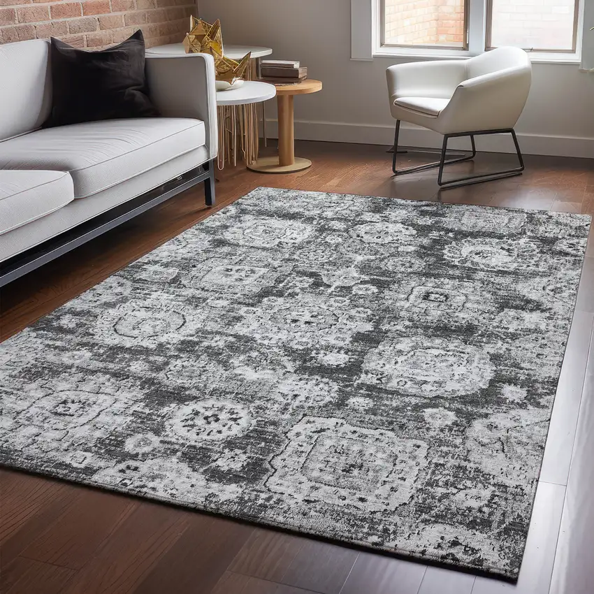 Gray And Ivory Floral Washable Area Rug With UV Protection Photo 5