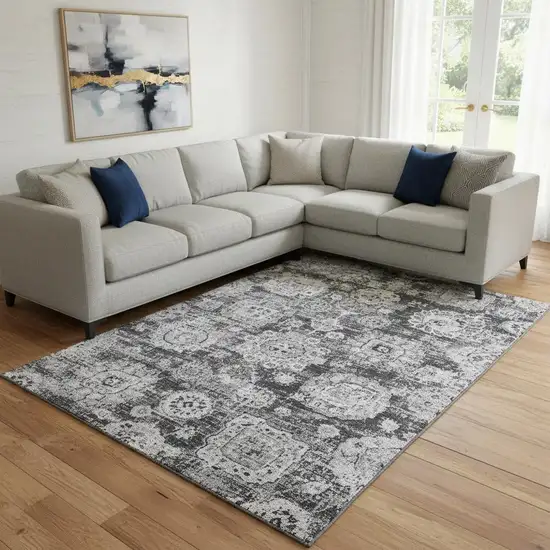 Gray And Ivory Floral Washable Area Rug With UV Protection Photo 1