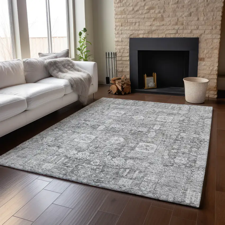 Gray And Ivory Floral Washable Area Rug With UV Protection Photo 4