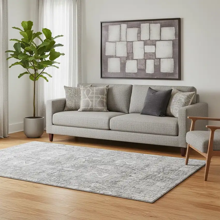 Gray And Ivory Floral Washable Area Rug With UV Protection Photo 3