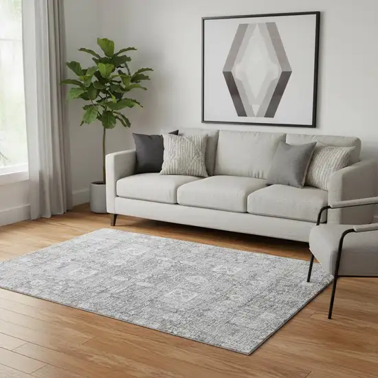 Gray And Ivory Floral Washable Area Rug With UV Protection Photo 1