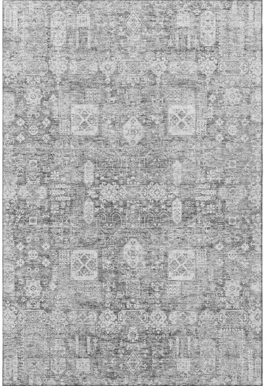 Gray And Ivory Floral Washable Area Rug With UV Protection Photo 2