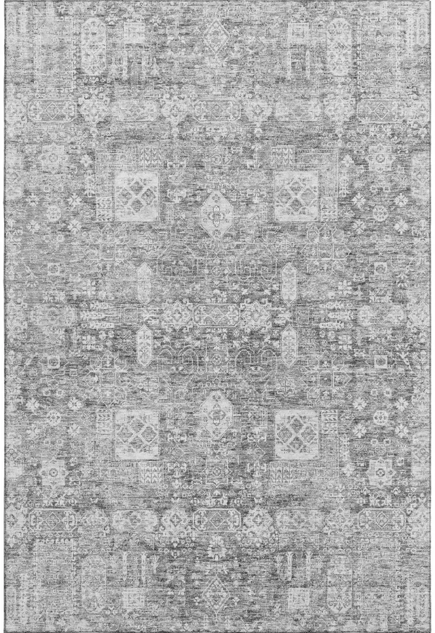 Gray And Ivory Floral Washable Area Rug With UV Protection Photo 1