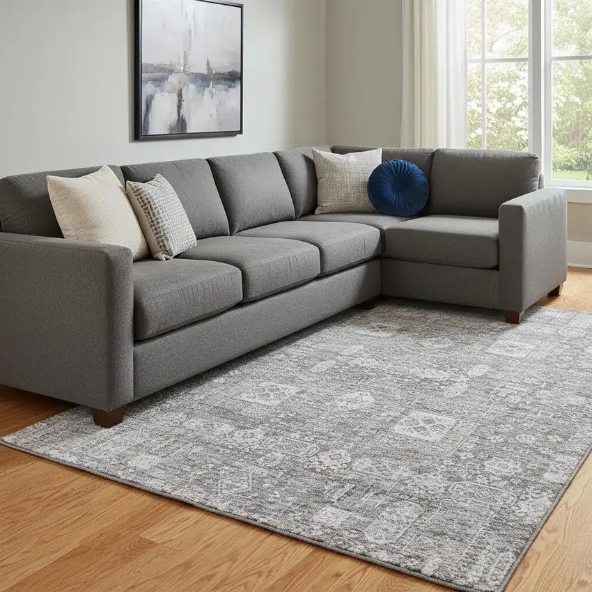 Gray And Ivory Floral Washable Area Rug With UV Protection Photo 1