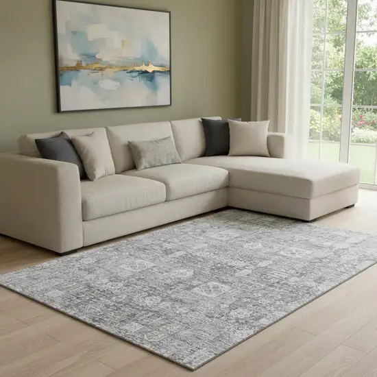 Gray And Ivory Floral Washable Area Rug With UV Protection Photo 1