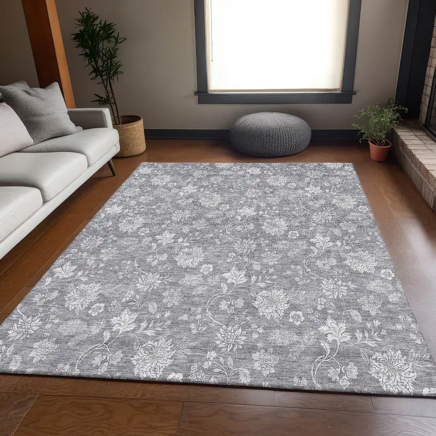 Gray And Ivory Floral Washable Area Rug With UV Protection Photo 3