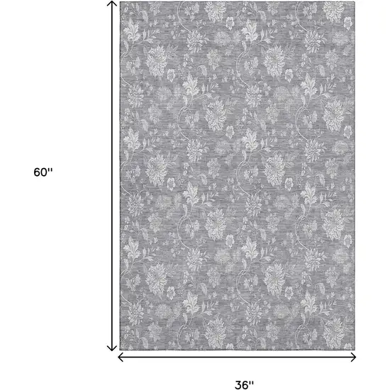 Gray And Ivory Floral Washable Area Rug With UV Protection Photo 5
