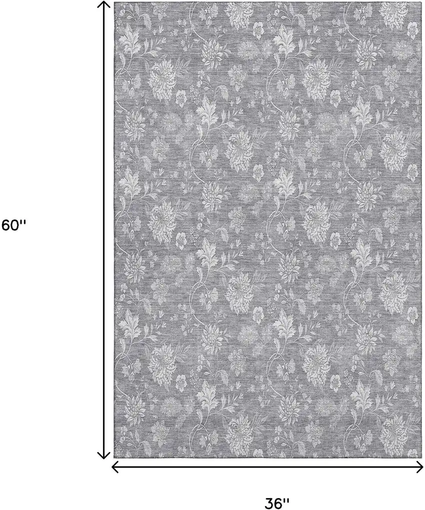 Gray And Ivory Floral Washable Area Rug With UV Protection Photo 5