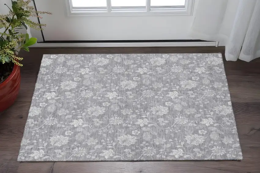 Gray And Ivory Floral Washable Area Rug With UV Protection Photo 2