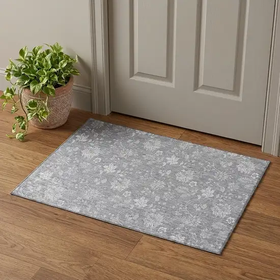 Gray And Ivory Floral Washable Area Rug With UV Protection Photo 1