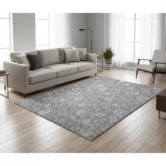 Gray And Ivory Floral Washable Area Rug With UV Protection Photo 1