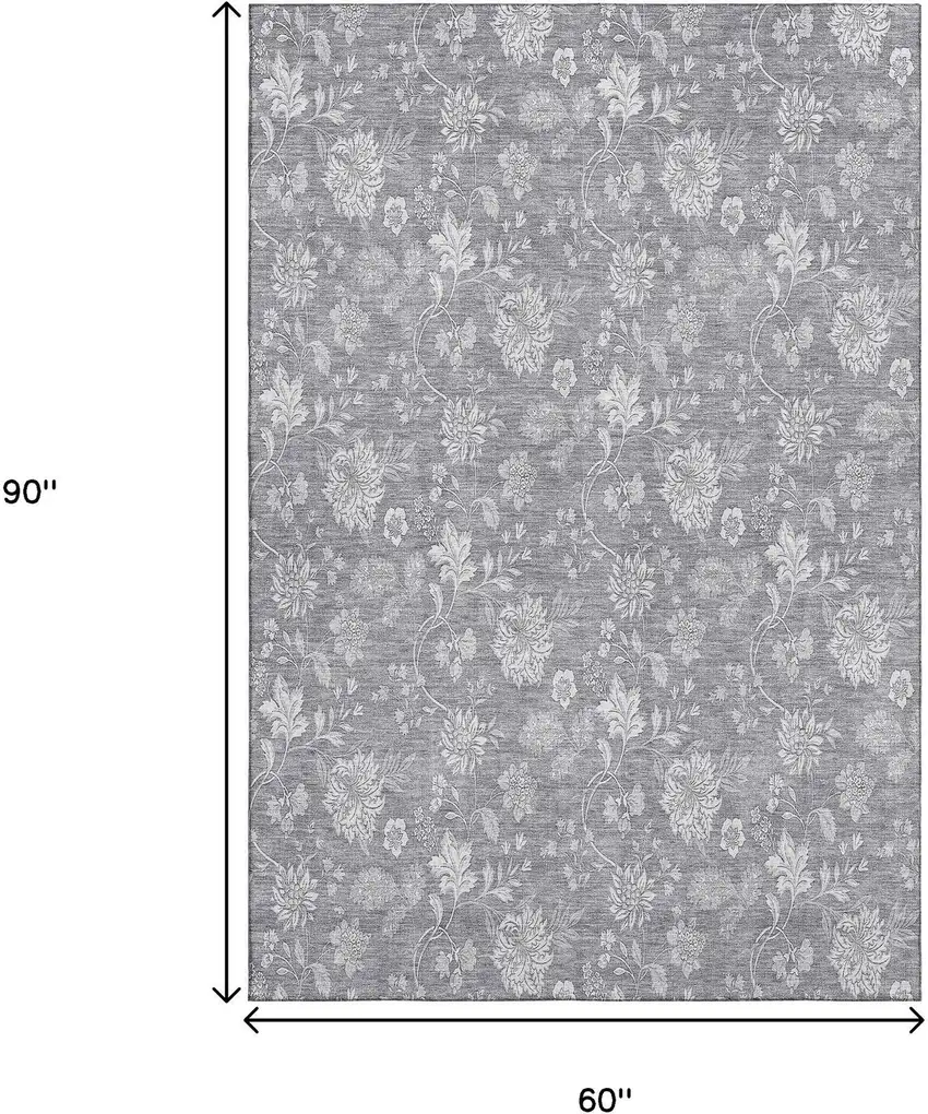 Gray And Ivory Floral Washable Area Rug With UV Protection Photo 3