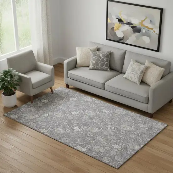 Gray And Ivory Floral Washable Area Rug With UV Protection Photo 1